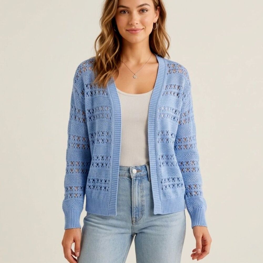Pink Rose Light Blue Open-Front Crochet Open-Knit Cardigan Sweater